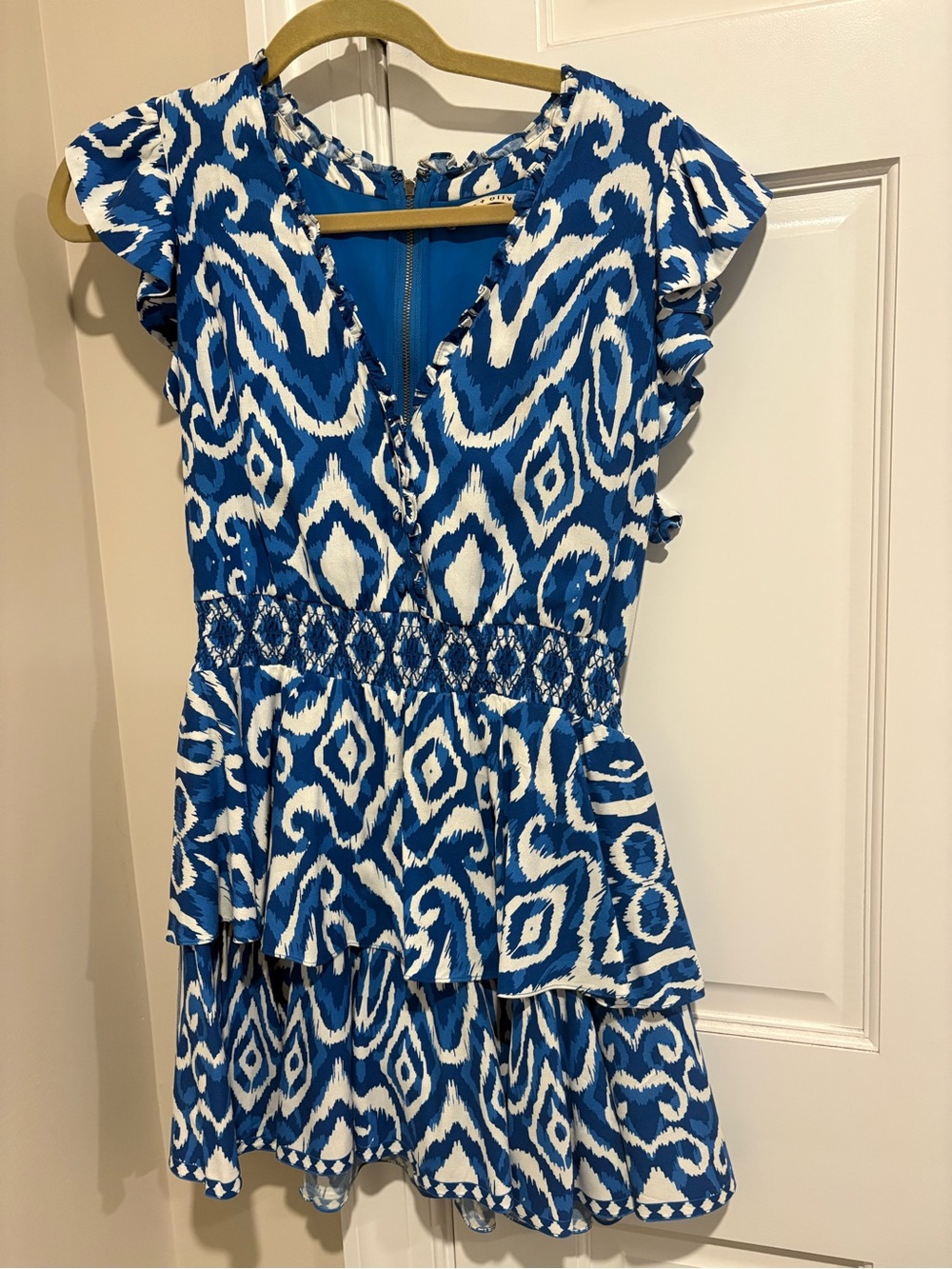 Alice + Olivia Blue and White Ikat-Print Ruffle Mini Dress
